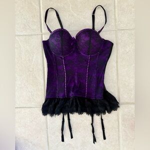 Purple/Black Lace Bustier Chemise with Garter Straps - Size 1X/2X